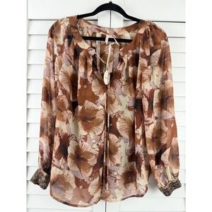 Bellatrix Floral Blouse Women M Brown Beaded Cuff Chiffon NEW